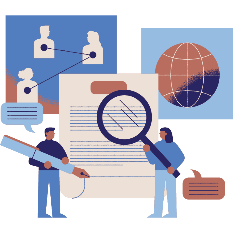 Illustration of two individuals closely examining documents